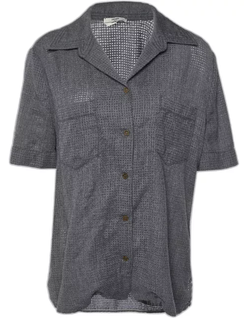 Fendi Grey Perforated Wool Short Sleeve Shirt