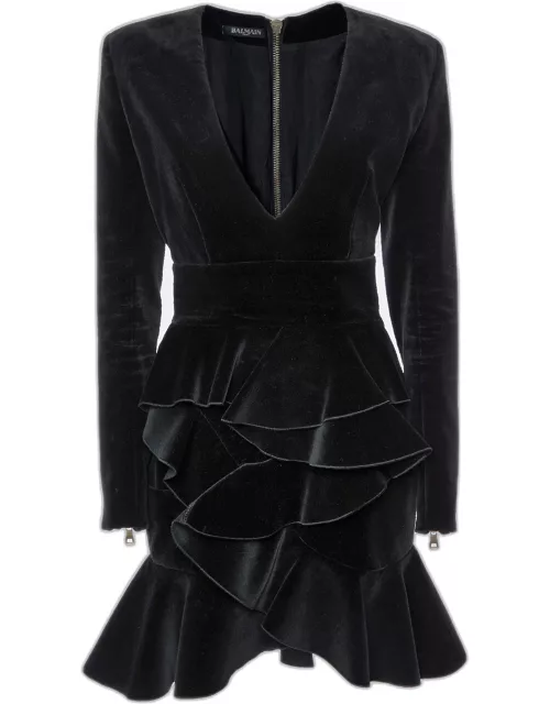 Balmain Black Velvet Ruffle Tiered Knee Length Dress