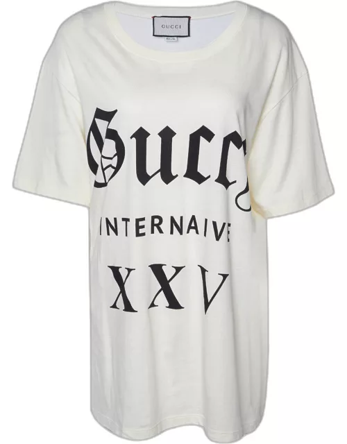 Gucci Cream Guccy Print Cotton Crew Neck T-Shirt