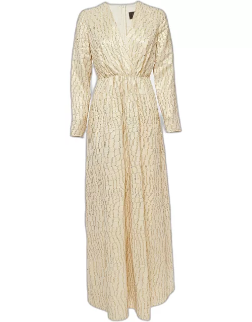 Max Mara Cream/Metallic Gold Brocade Silk Long Sleeve Maxi Dress