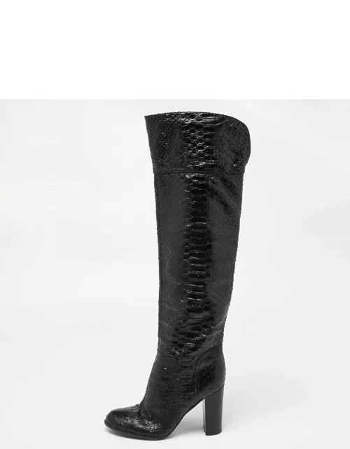 Sergio Rossi Black Snakeskin Embossed Leather Over The Knee Length Boot