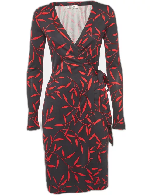 Diane Von Furstenberg Black/Red Leaf Print Jersey Long Sleeve Wrap Dress