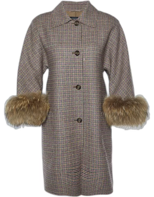 Weekend Max Mara Brown Houndstooth Wool Fur Trimmed Coat