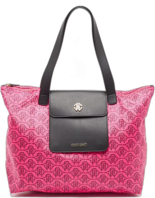 Roberto Cavalli Pink/Brown Monogram Nylon and Leather Front Pouch Tote
