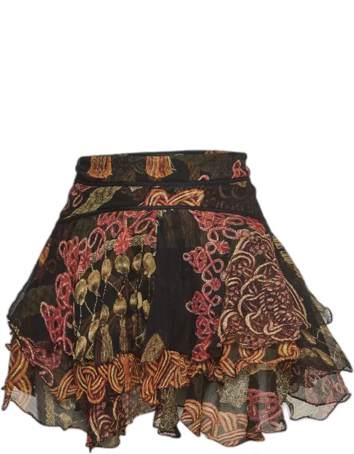 Just Cavalli Brown Tassel Printed Silk Asymmetric Mini Skirt