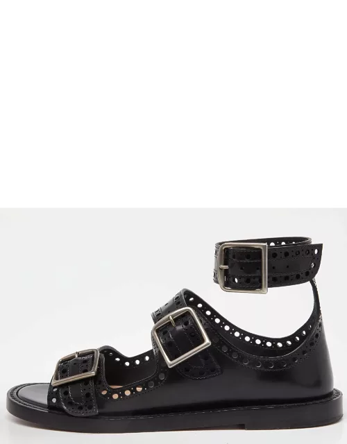 Dior Black Perforated Leather Teddy D Buckles Flat Sandal