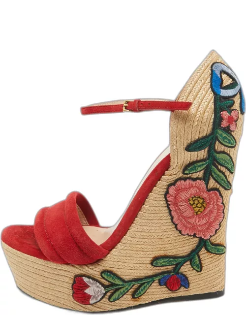 Gucci Red Suede Floral Embroidered Espadrille Wedge Ankle Strap Sandal