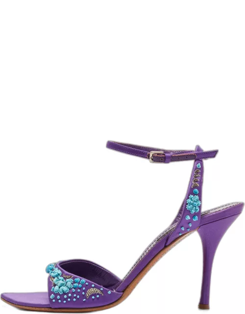 Sergio Rossi Purple Satin Embellished Ankle Strap Sandal