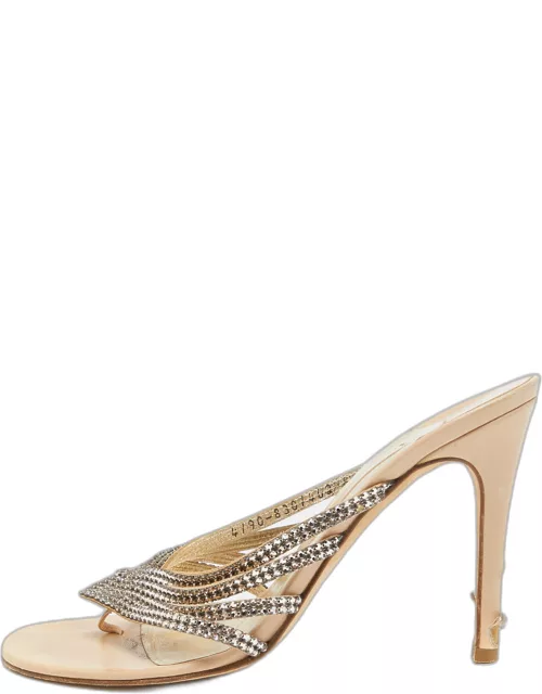 Gina Beige Leather and Crystal Embellished Slide Sandal