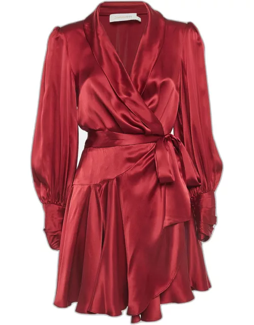 Zimmermann Red Silk Satin Blouson Sleeve Mini Wrap Dress