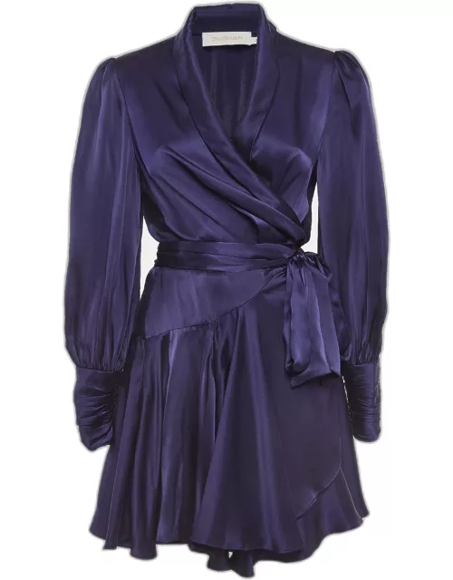 Zimmermann Blue Silk Satin Blouson Sleeve Mini Wrap Dress