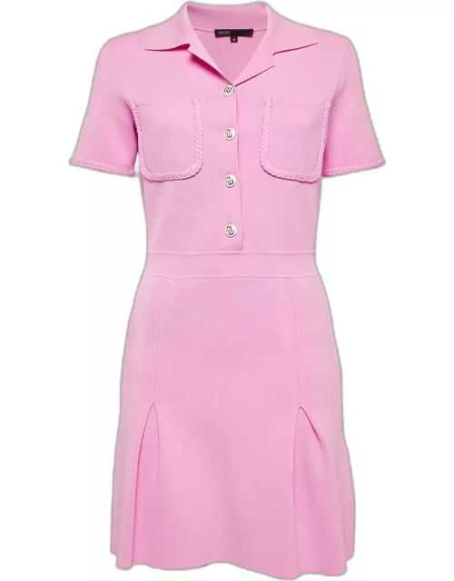 Maje Pink Knit Button-Detail Pleated Mini Dress