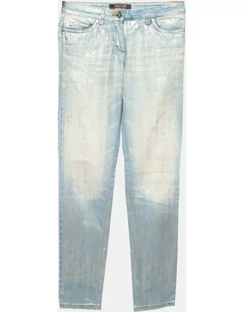 Roberto Cavalli Blue/Silver Metallic Print Denim Jeans S Waist 30''