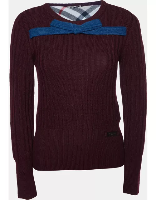 Burberry Brit Burgundy Merino Wool Knit Bow Detail Sweater