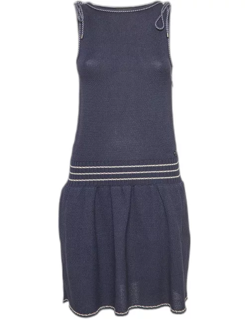 Chanel Navy Blue Cotton Knit Tie-Up Detail Sleeveless Mini Dress