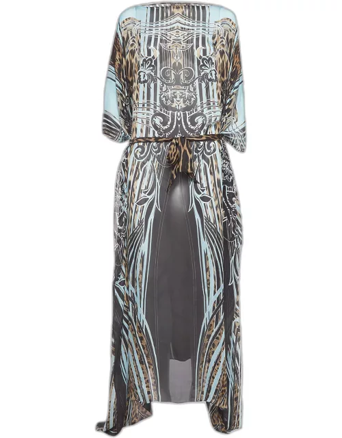 Roberto Cavalli Blue/Brown Printed Silk Waist Tie-Up Maxi Kaftan Dress