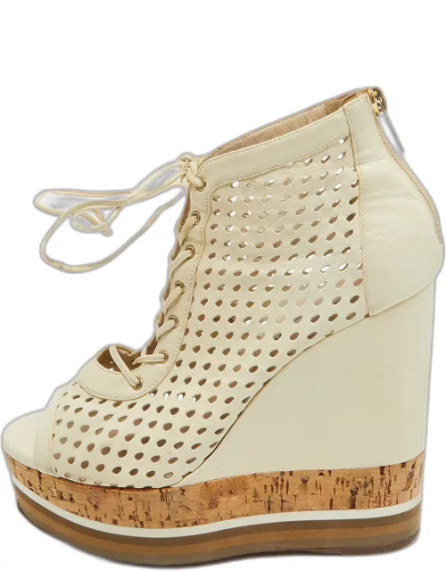 Jimmy Choo Off White Perforated Leather Lace Up Cork Wedge Bootie