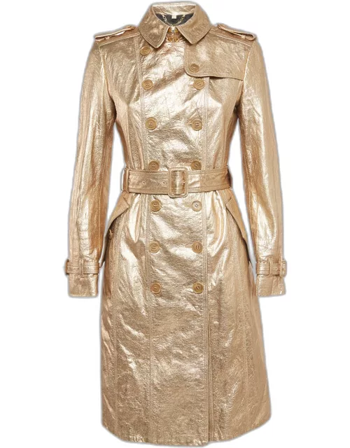 Burberry Metallic Gold Leather Double Breasted Belted Trench Coat