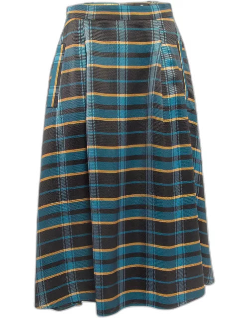 Elisabetta Franchi Blue Tartan Check Twill Pleated Midi Skirt