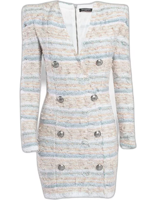 Balmain White/Blue Metallic Bouclé-Tweed Button-Embellished Mini Dress