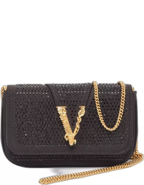 Versace Black Satin Virtus Barroco Crystals Chain Bag