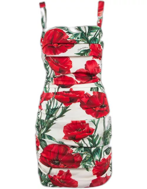 Dolce & Gabbana White/Red Floral Print Silk Ruched Mini Dress