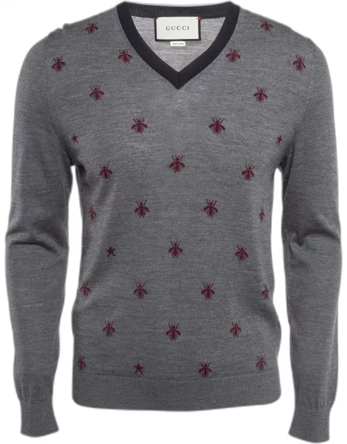 Gucci Grey Bee Intarsia Wool Knit V-Neck Sweater