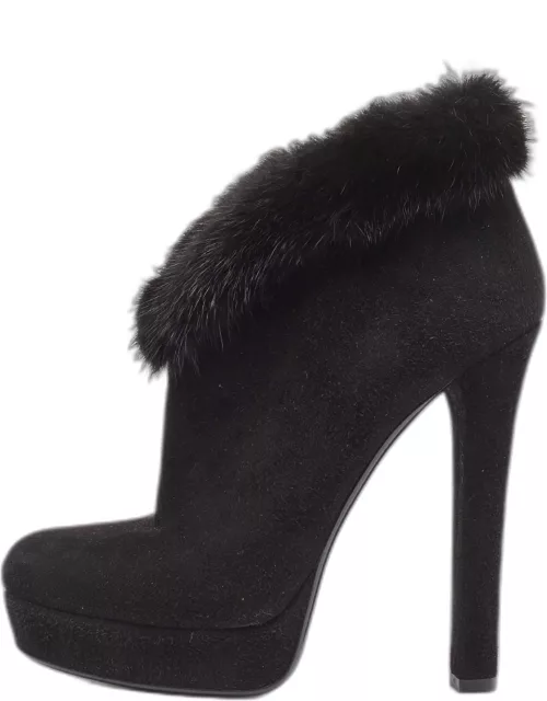 Gucci Black Suede and Fur Trim Ankle Boot