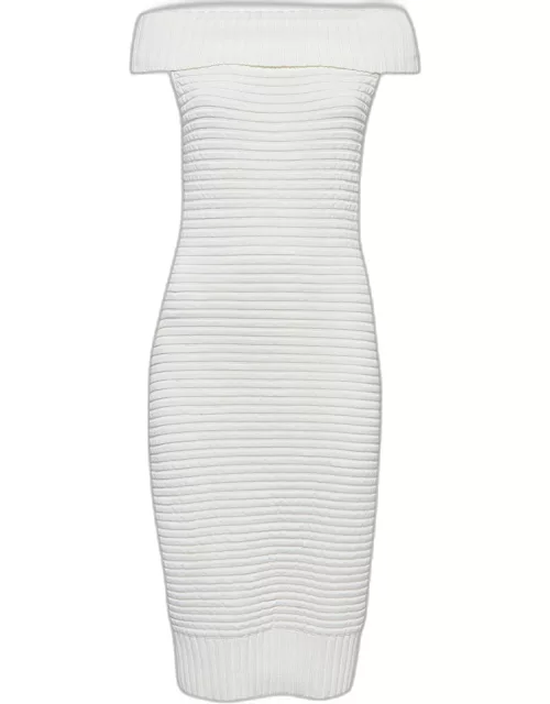 Chanel White Cotton Rib Knit Off-Shoulder Fitted Midi Dress