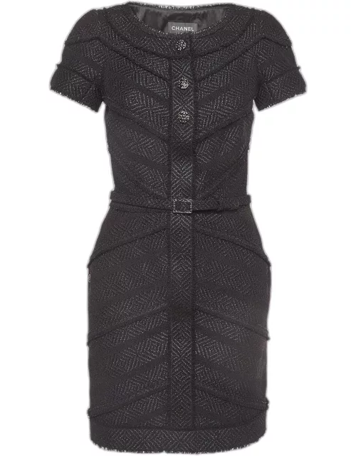 Chanel Black Lurex Tweed Jewel Buttons Detail Belted Mini Dress
