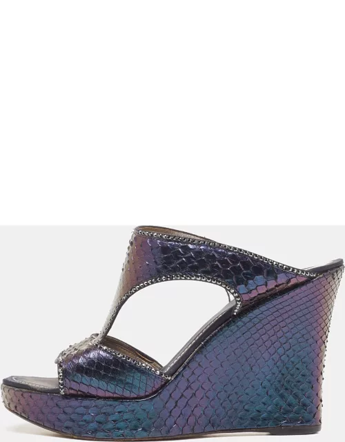 René Caovilla Metallic Python Crystal Embellished Wedge Sandal