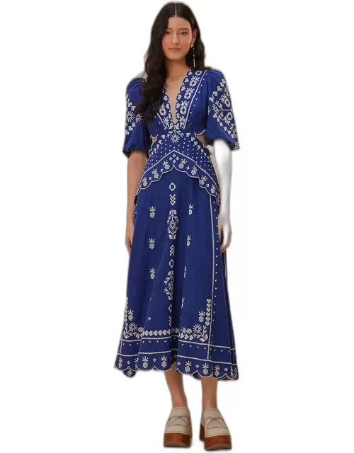 Navy Blue Embroidered Cut-Out Midi Dress, NAVY BLUE /