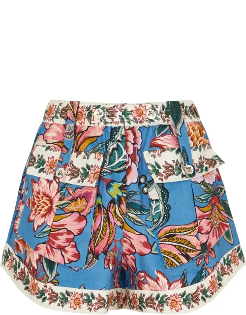 Farm Rio Wonderful Bouquet Printed Linen Shorts - Blue - L (UK14 / L)