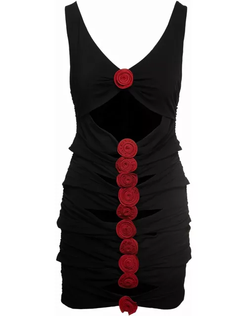 Magda Butrym Black Mini Dress With Signature Rose Appliqué In Viscose Woman