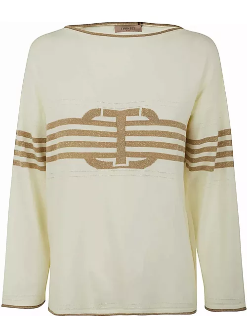 TwinSet Long Sleeves Boat Neck Striped Sweater With Logo