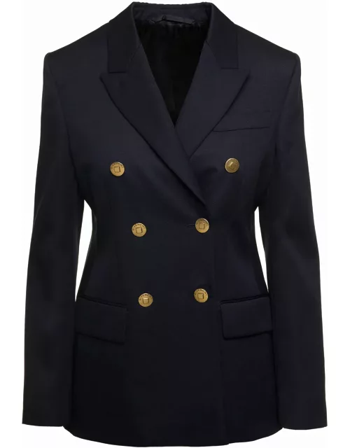 Givenchy Blue Double-breasted Jacket With Branded Buttons In Wool Blend Woman