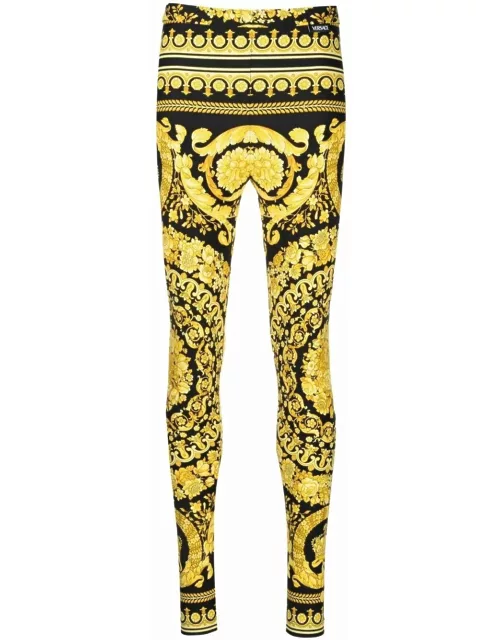 Gold And Black Stretch Fabric Leggings With Baroque Heriatge Print Versace Woman