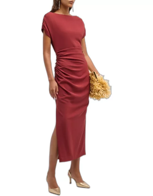High-Neck Short-Sleeve Ruched Midi Dres