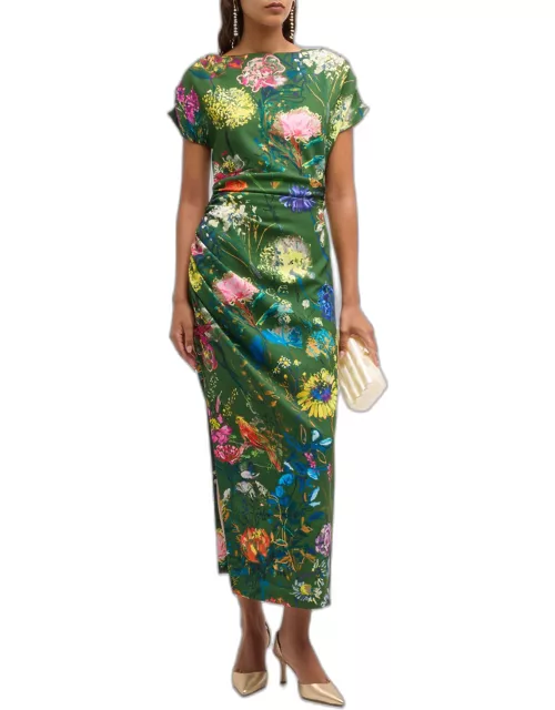 Floral-Print Ruched Short-Sleeve Midi Dres