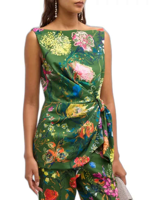Floral-Print Boat-Neck Sleeveless Draped Top