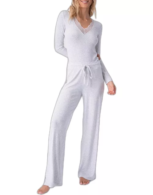 Lacey Ribbed Lace-Trim Pajama Set