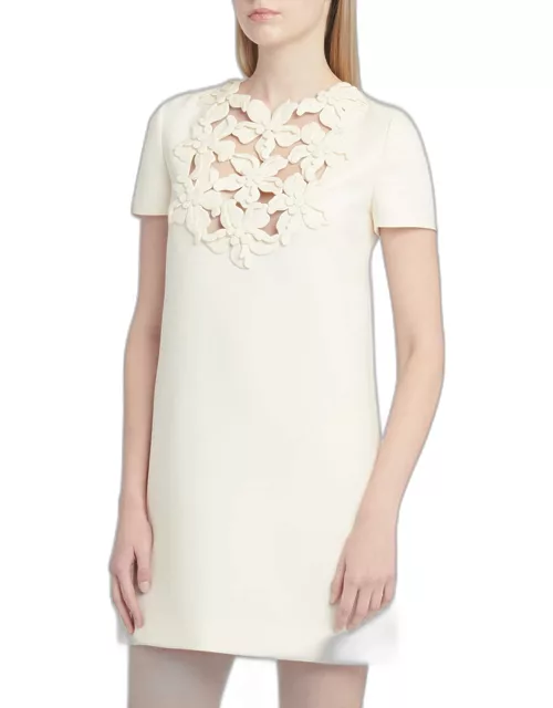 Flower Embroidered Cutout Short-Sleeve Crepe Mini Couture Dres