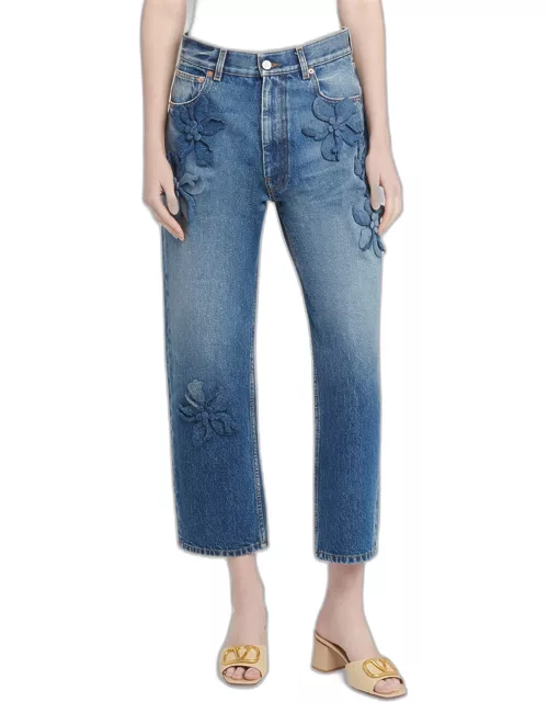 Cropped Wide-Leg Jeans with Flower Detai