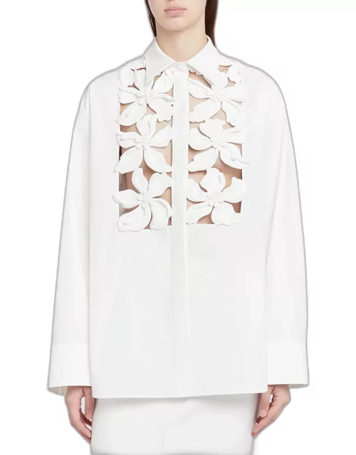 Poplin Floral Button-Front Shirt with Lasercut Bib