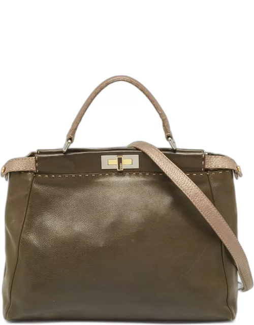 Fendi Olive Green/Beige Selleria Leather Large Peekaboo Top Handle Bag
