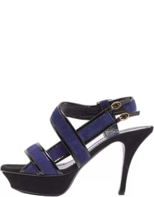 Saint Laurent Navy Blue/Patent Leather Platform Ankle Strap Sandal