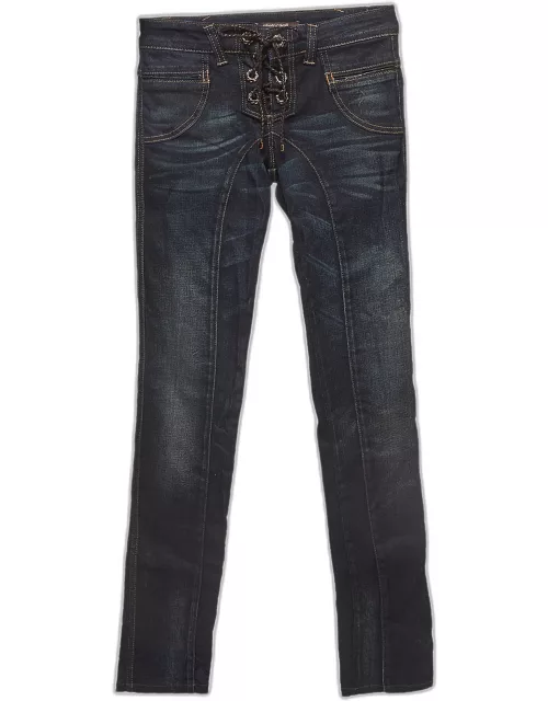 Roberto Cavalli Navy Blue Faded Denim Lace-Ip Detail Jeans S Waist 27''