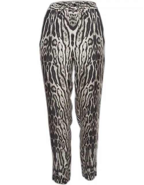 Roberto Cavalli Black Leopard Print Silk Drawstring Waist Trousers