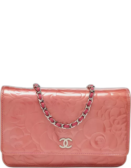 Chanel Pink Camellia Patent and Leather Wallet On Chain