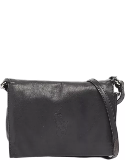 Ralph Lauren Black Leather Logo Embossed Flap Messenger Bag